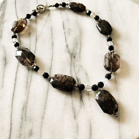 Smoky Quartz Beaded Necklace Chunky Black Grey Clear Natural Stone Healing Boho - Picture 1 of 3